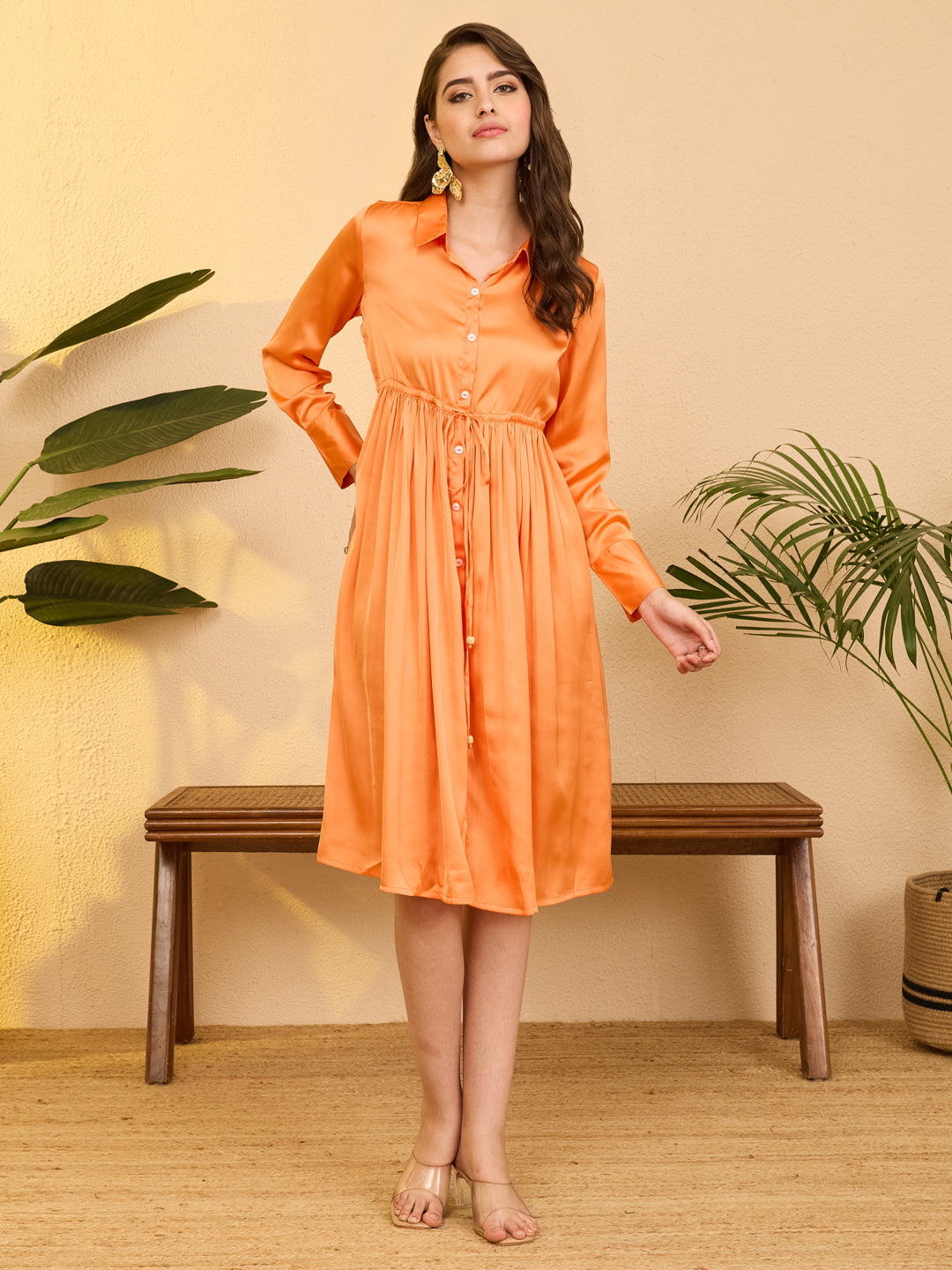 Janasya Orange Fit & Flare Satin Dress | Grocsy