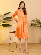 Janasya Orange Fit & Flare Satin Dress | Grocsy