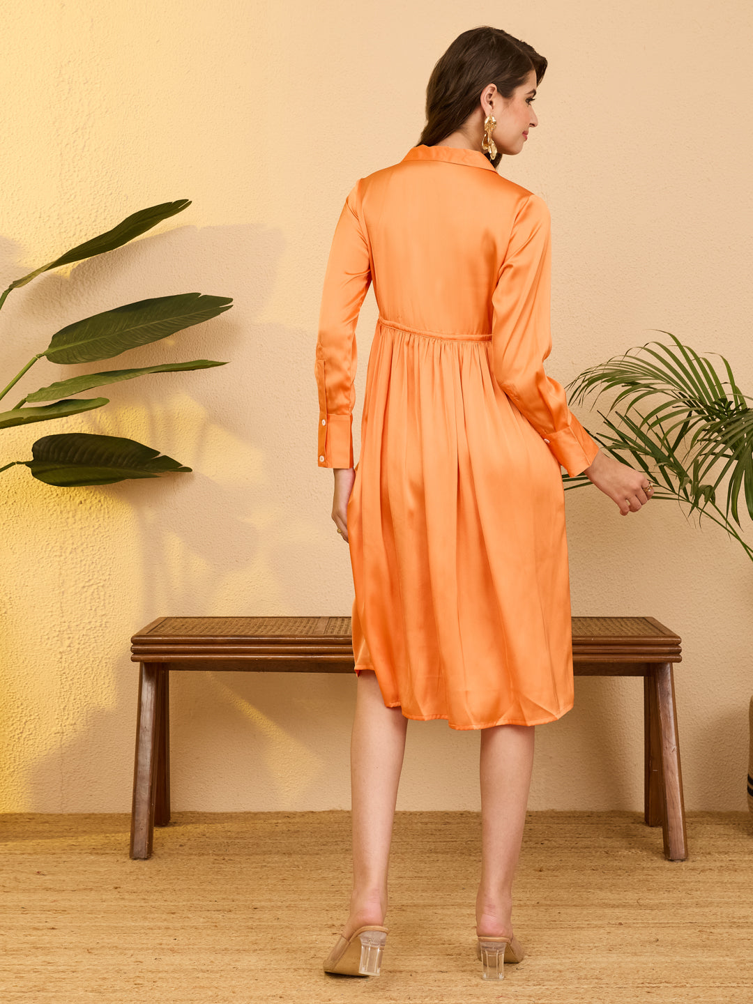 Janasya Orange Fit & Flare Satin Dress | Grocsy