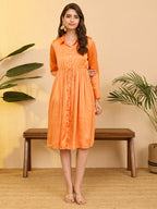 Janasya Orange Fit & Flare Satin Dress | Grocsy