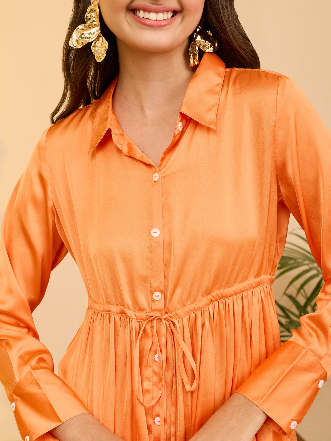 Janasya Orange Fit & Flare Satin Dress | Grocsy