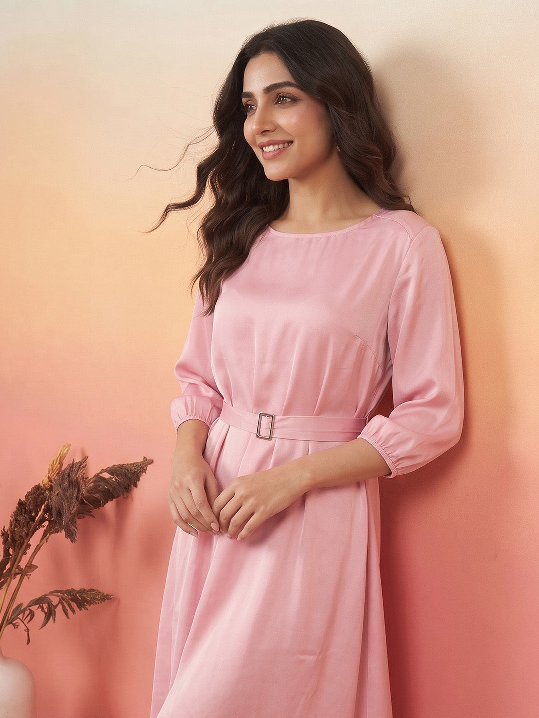 Janasya Pink A-Line Satin Dress | Grocsy