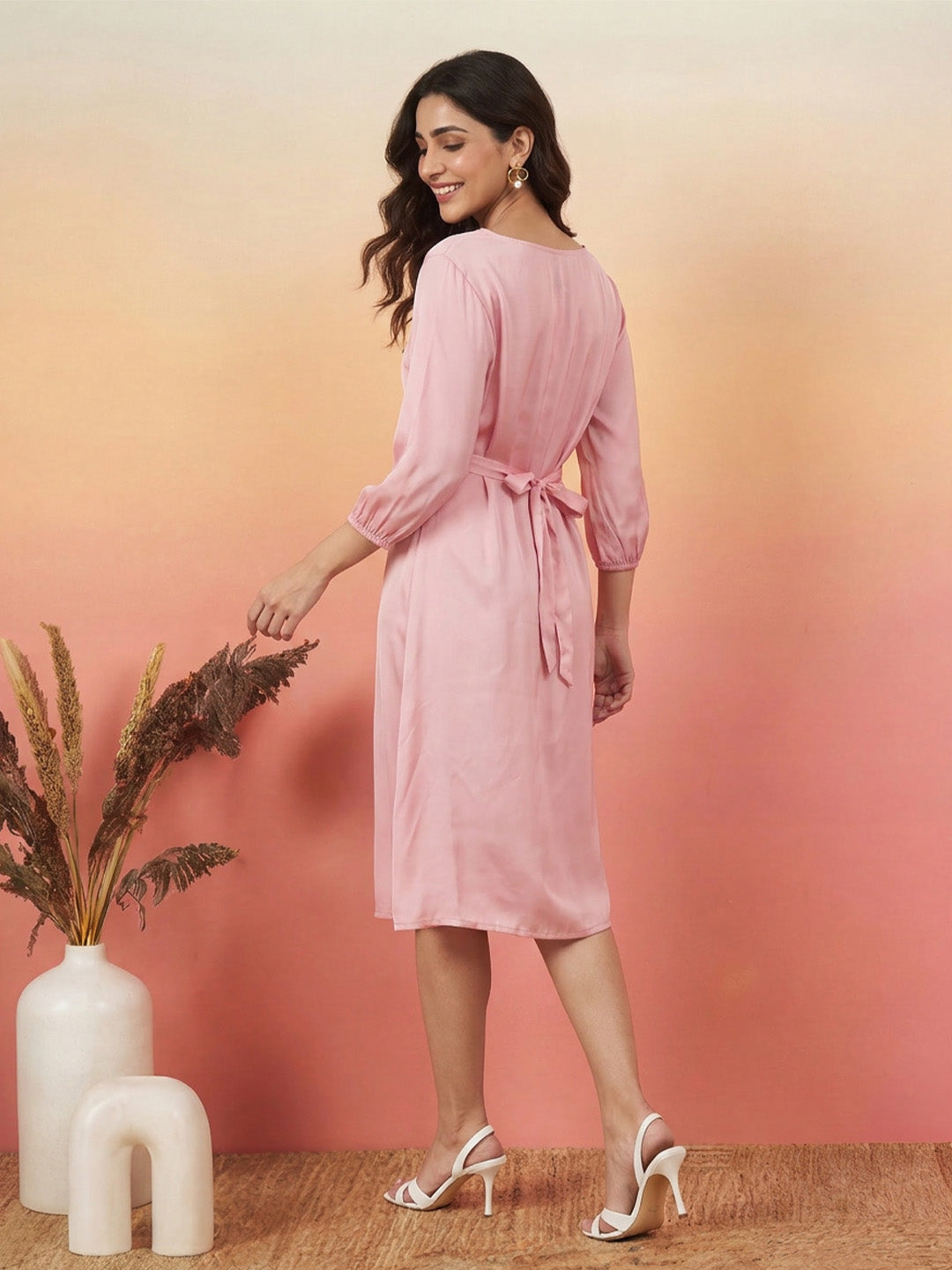 Janasya Pink A-Line Satin Dress | Grocsy