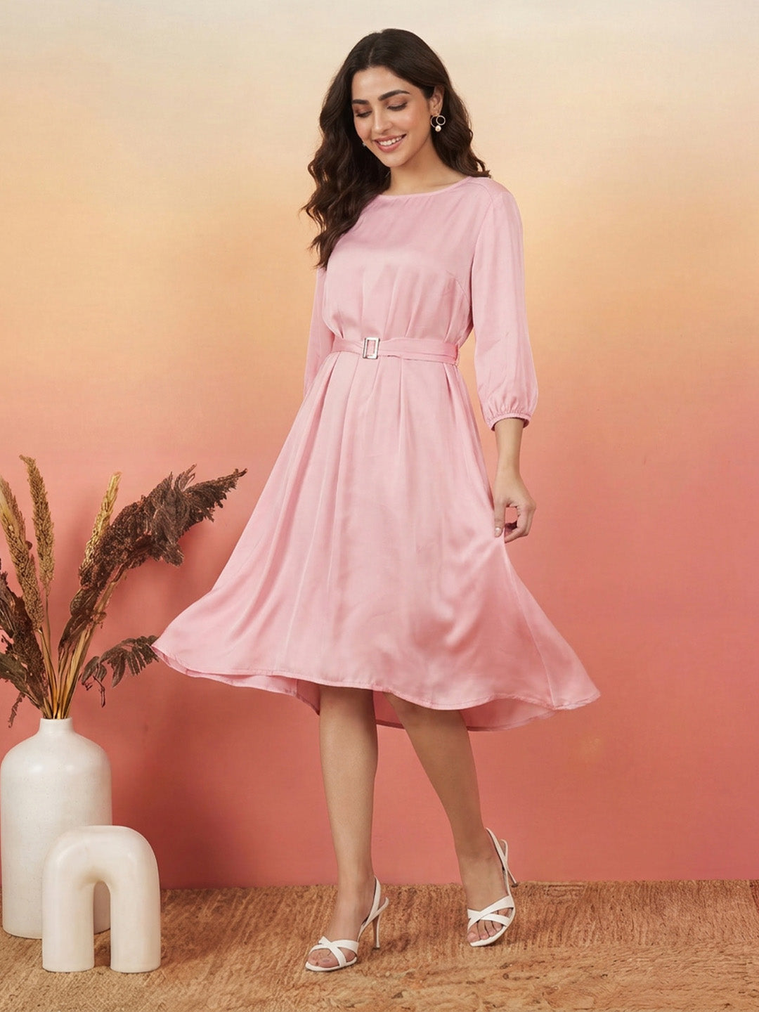 Janasya Pink A-Line Satin Dress | Grocsy