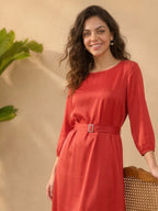 Janasya Red A-Line Satin Dress | Grocsy