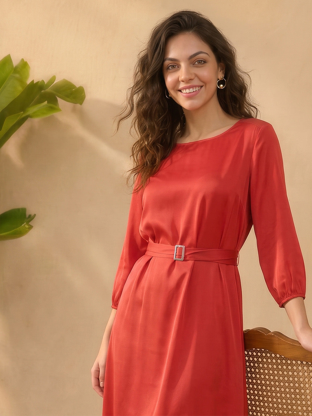 Janasya Red A-Line Satin Dress | Grocsy