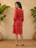Janasya Red A-Line Satin Dress | Grocsy