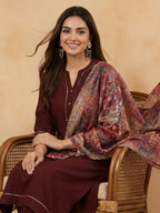 Janasya Brown Straight Crepe Kurta,Bottom & Dupatta | Grocsy