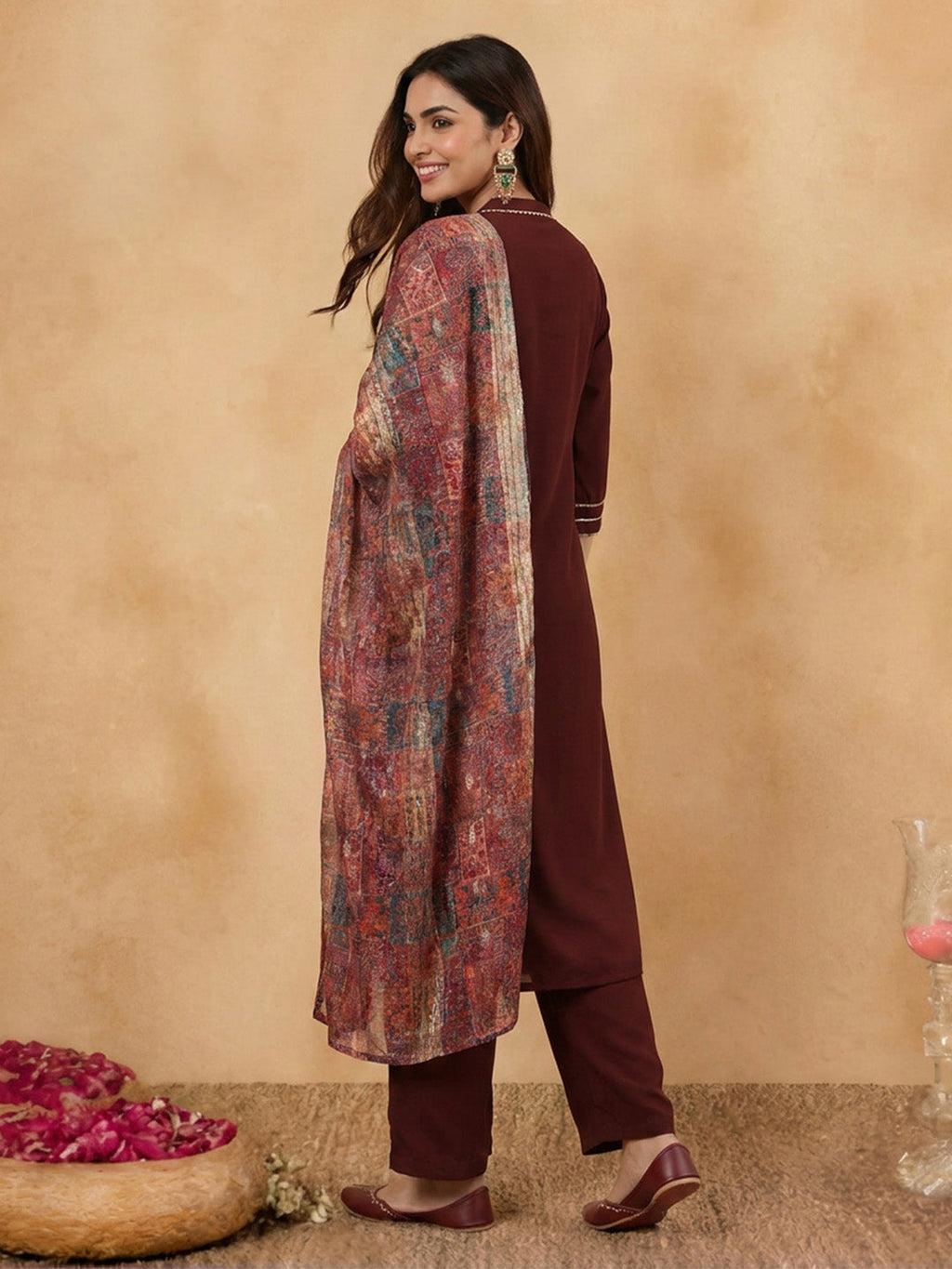 Janasya Brown Straight Crepe Kurta,Bottom & Dupatta | Grocsy
