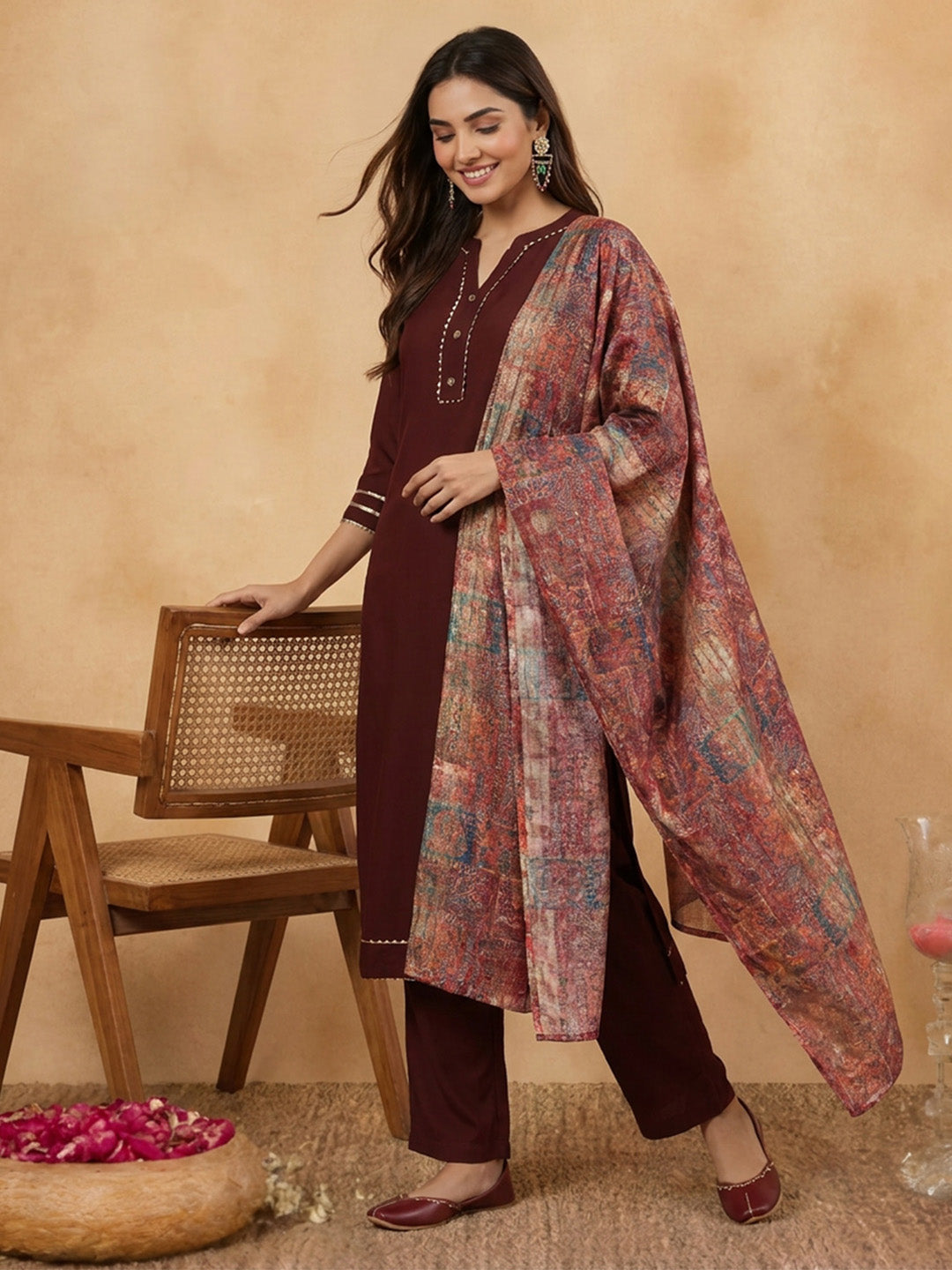 Janasya Brown Straight Crepe Kurta,Bottom & Dupatta | Grocsy
