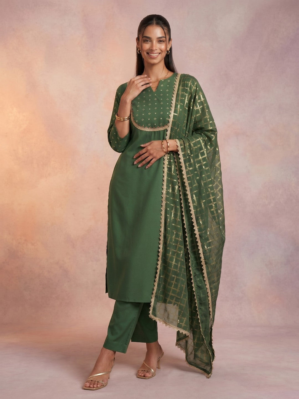 Janasya Sage Straight Crepe Kurta,Bottom & Dupatta | Grocsy