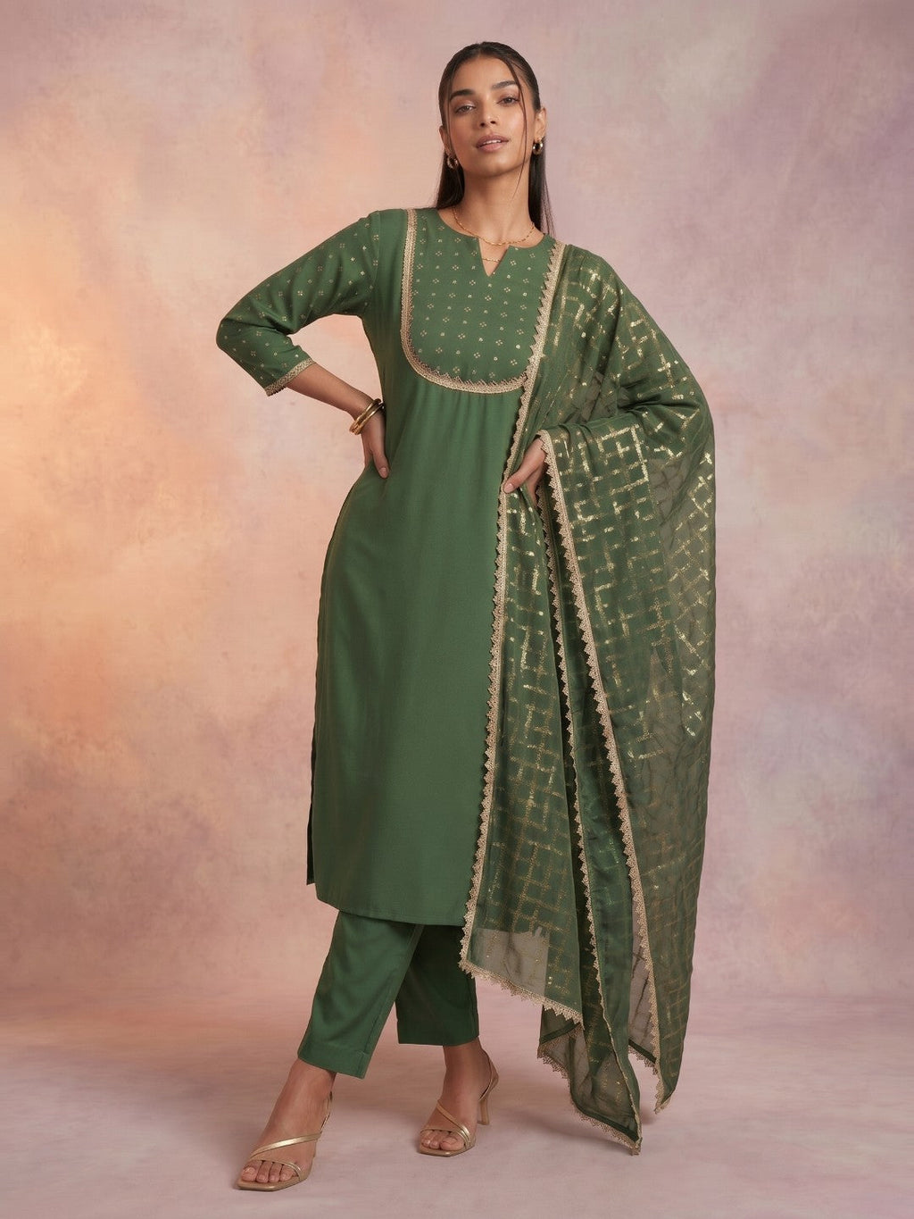 Janasya Sage Straight Crepe Kurta,Bottom & Dupatta | Grocsy