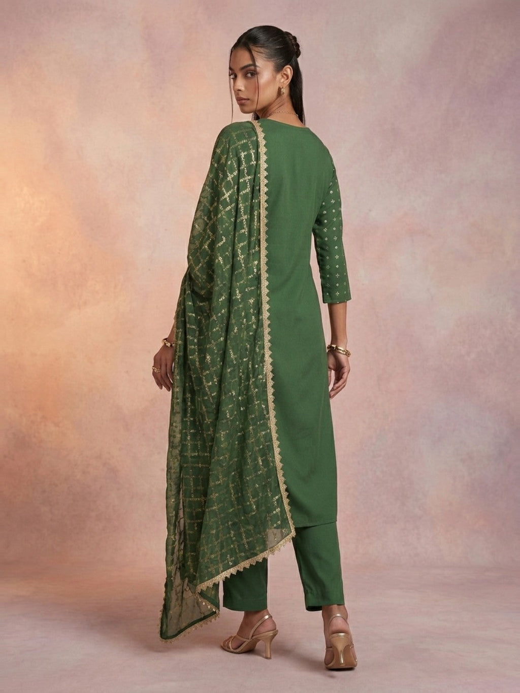 Janasya Sage Straight Crepe Kurta,Bottom & Dupatta | Grocsy