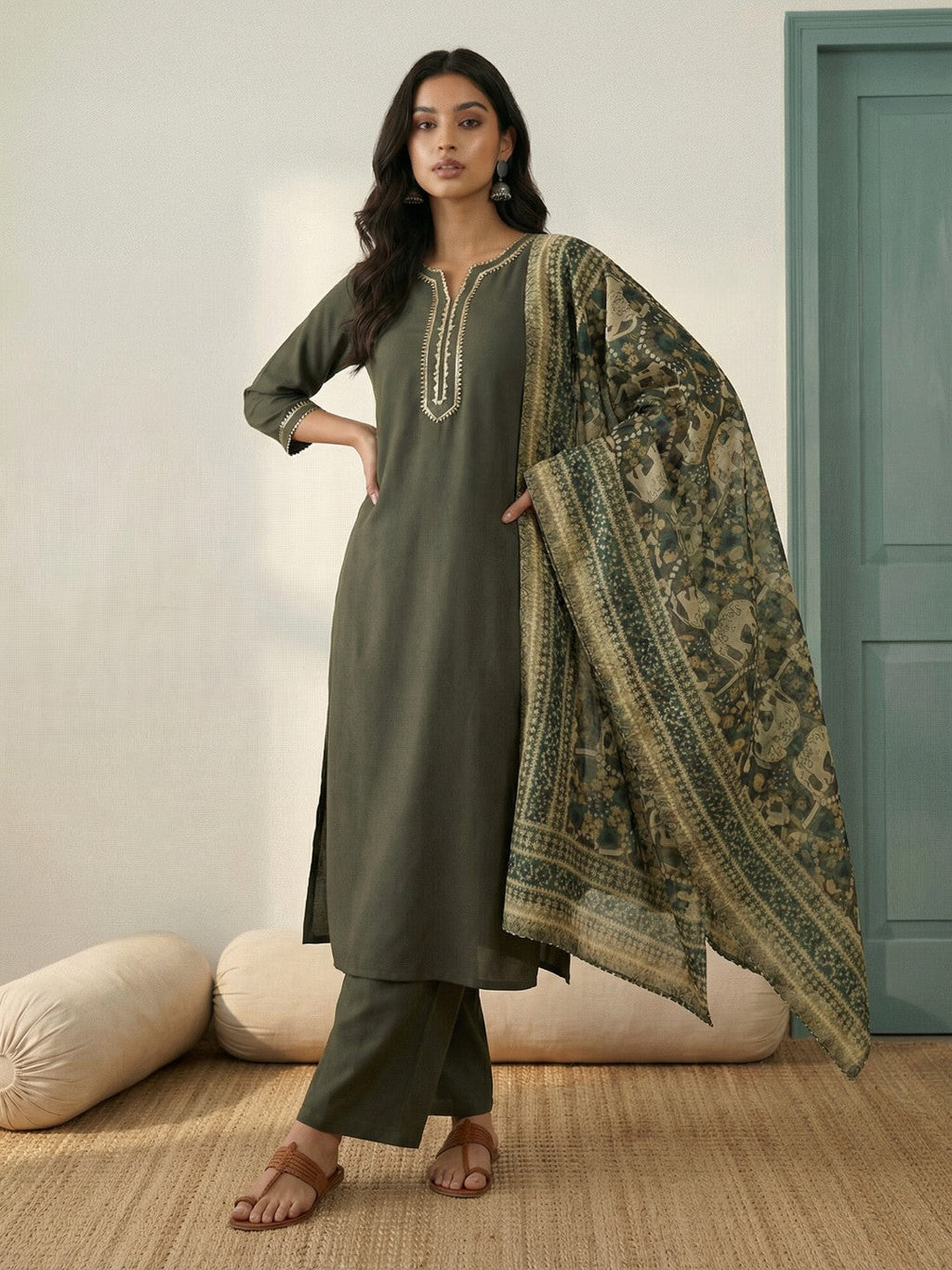 Janasya Olive Straight Crepe Kurta,Bottom & Dupatta | Grocsy