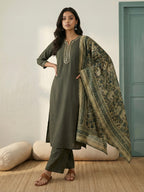 Janasya Olive Straight Crepe Kurta,Bottom & Dupatta | Grocsy