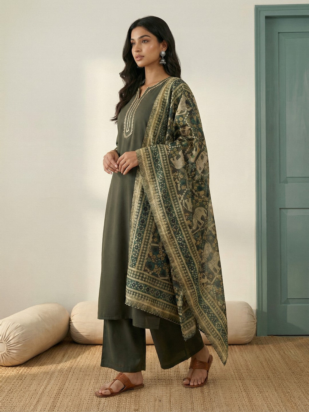 Janasya Olive Straight Crepe Kurta,Bottom & Dupatta | Grocsy
