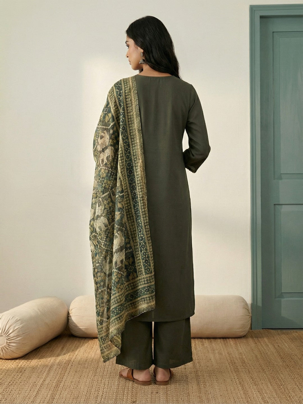 Janasya Olive Straight Crepe Kurta,Bottom & Dupatta | Grocsy