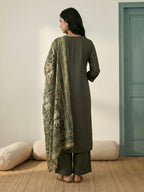Janasya Olive Straight Crepe Kurta,Bottom & Dupatta | Grocsy