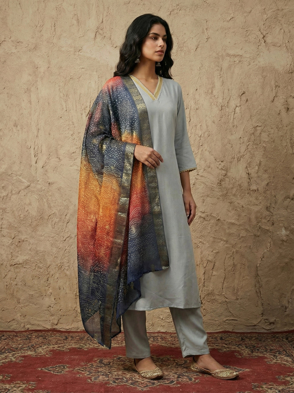 Janasya Grey Straight Crepe Kurta,Bottom & Dupatta | Grocsy