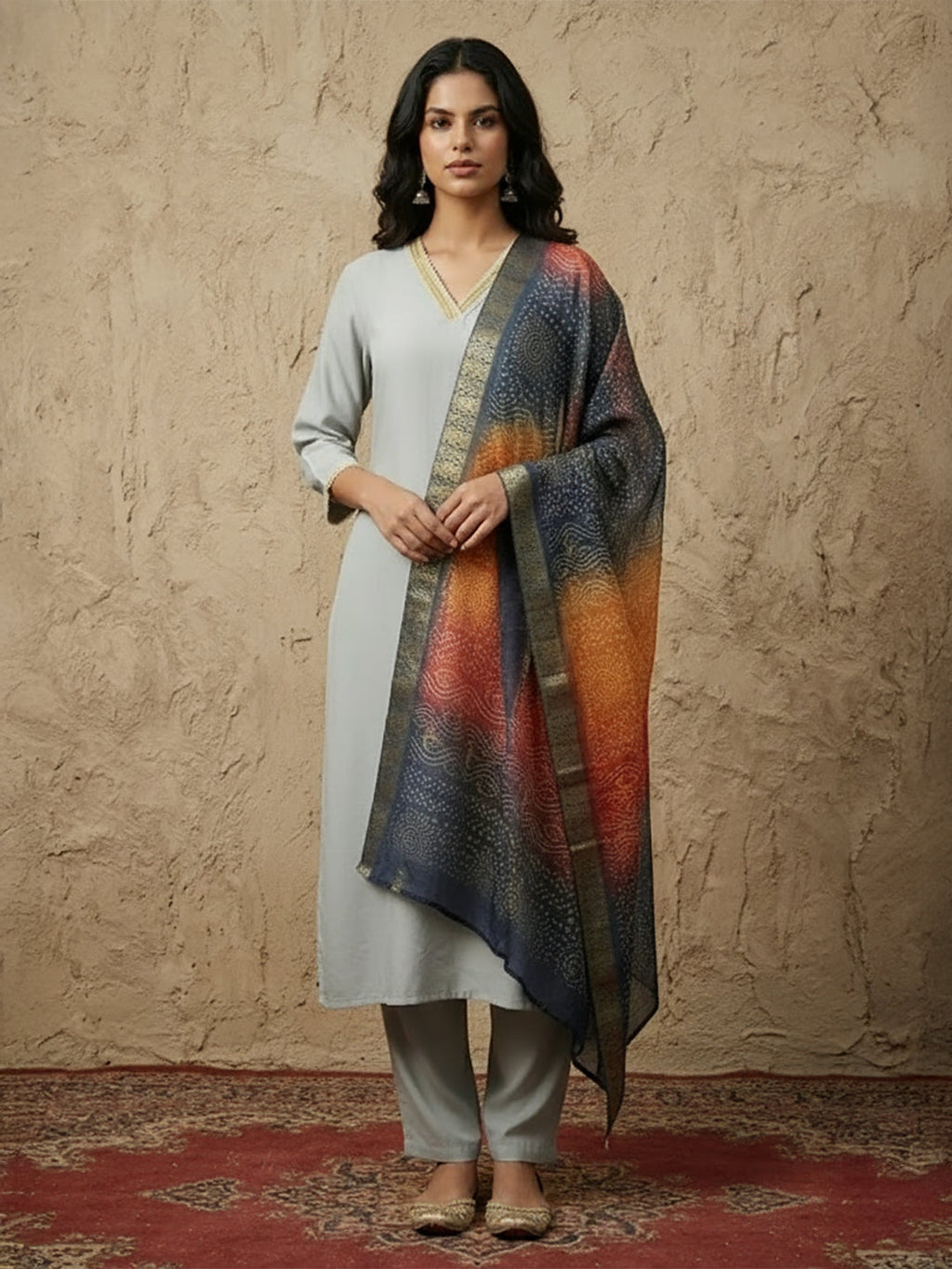 Janasya Grey Straight Crepe Kurta,Bottom & Dupatta | Grocsy