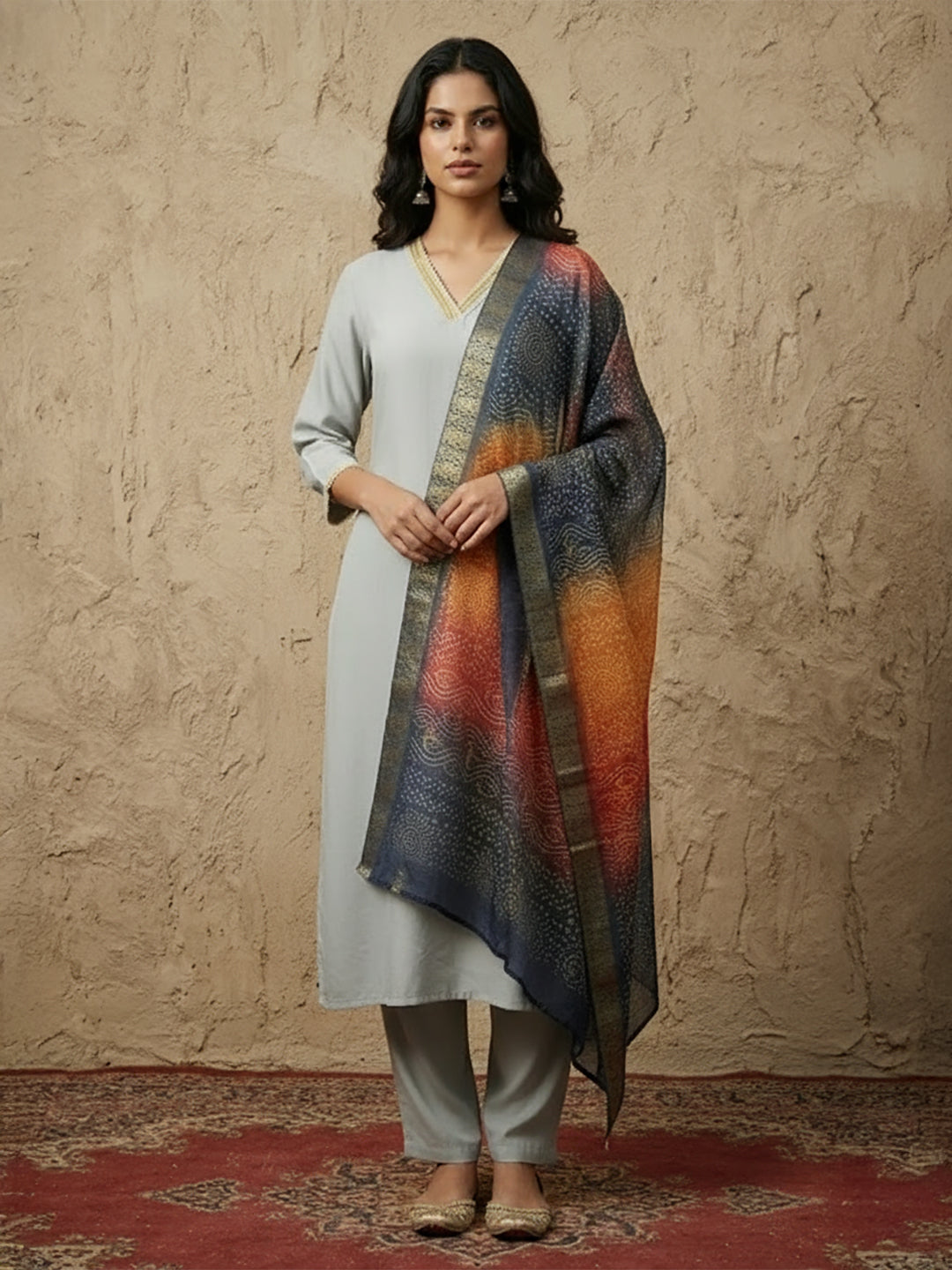 Janasya Grey Straight Crepe Kurta,Bottom & Dupatta | Grocsy