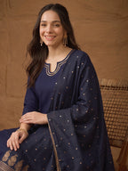 Janasya Navy Blue Straight Crepe Kurta,Bottom & Dupatta | Grocsy
