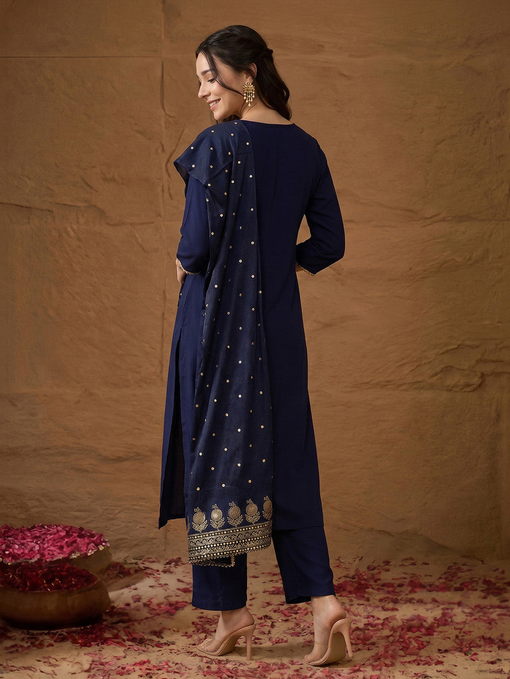 Janasya Navy Blue Straight Crepe Kurta,Bottom & Dupatta | Grocsy