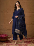 Janasya Navy Blue Straight Crepe Kurta,Bottom & Dupatta | Grocsy