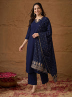 Janasya Navy Blue Straight Crepe Kurta,Bottom & Dupatta | Grocsy