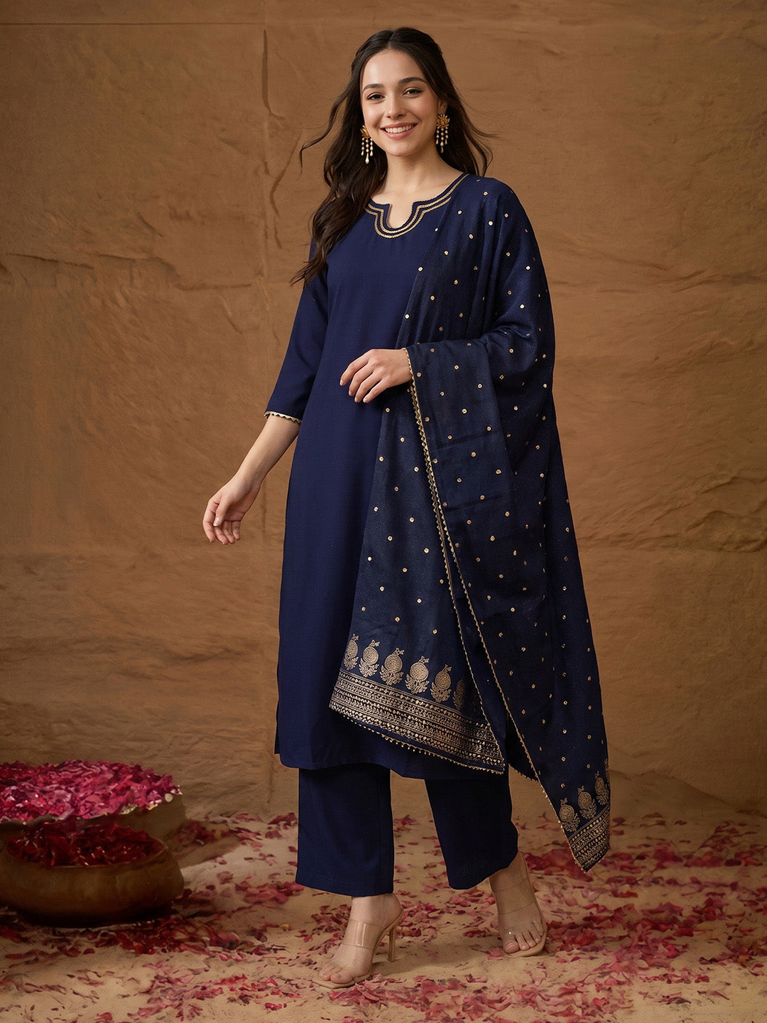 Janasya Navy Blue Straight Crepe Kurta,Bottom & Dupatta | Grocsy