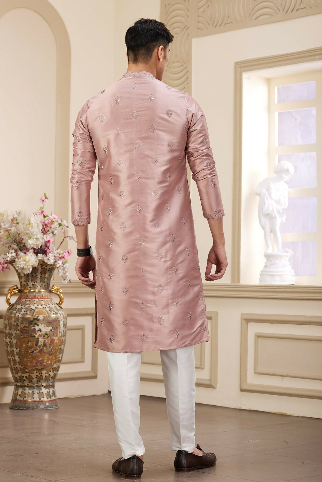Raivat Ethnic Men's Art Silk Thread Work Kurta Pyjama In Cream Beige Colour | Grocsy