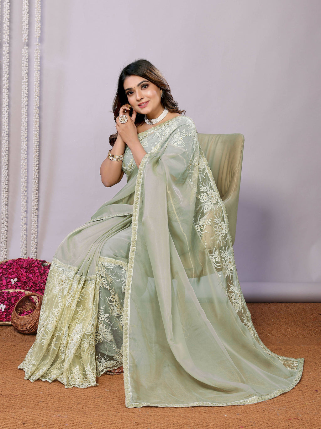 Green Glass Tissue,Net Embroidered Saree With Stitched Blouse - Nimaya Kaksha | Grocsy