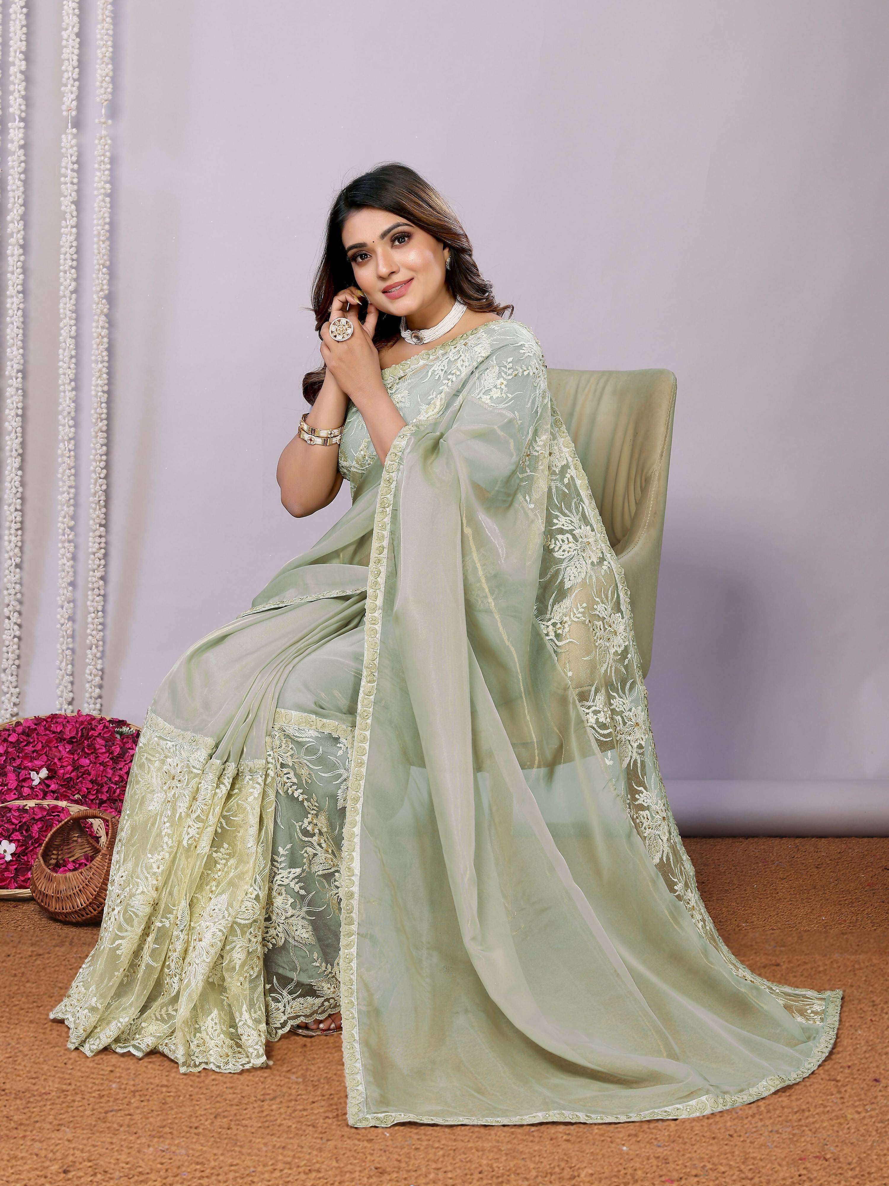 Green Glass Tissue,Net Embroidered Saree With Stitched Blouse - Nimaya Kaksha | Grocsy