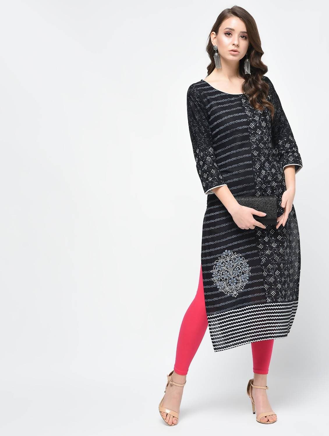 Cheera Hand Block Print Trendy Black Straight Kurta | Grocsy