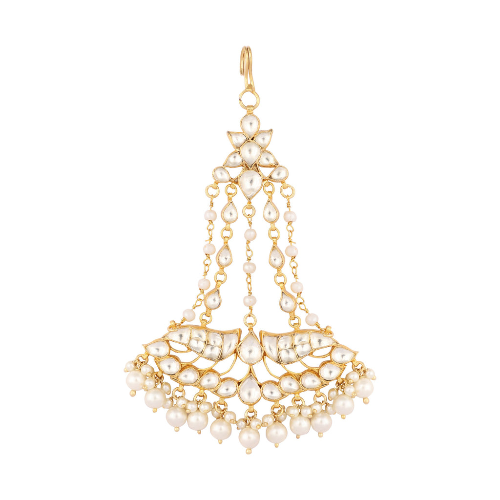 Nuyug 22K Gold-Plated Kundan & Pearl Studded Jhumar Paasa Head Jewellery | Grocsy