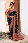 Joban Fashion Black Crepe Chiffon Pure Handloom Banarasi Silk Saree | Grocsy
