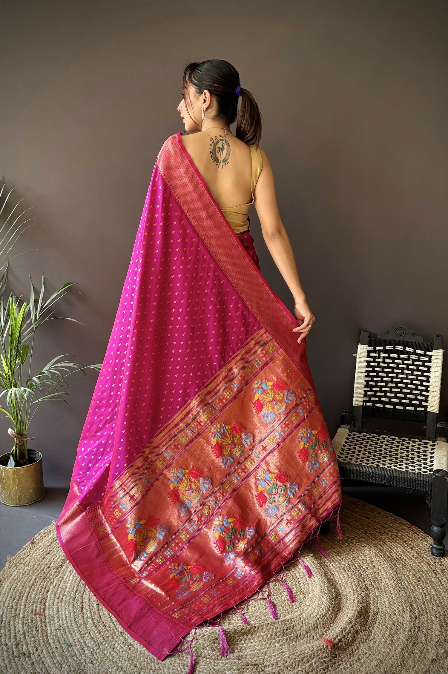 Joban Fashion Rani Pink Jacquard Butti Soft Lichi Silk Paithani Saree | Grocsy