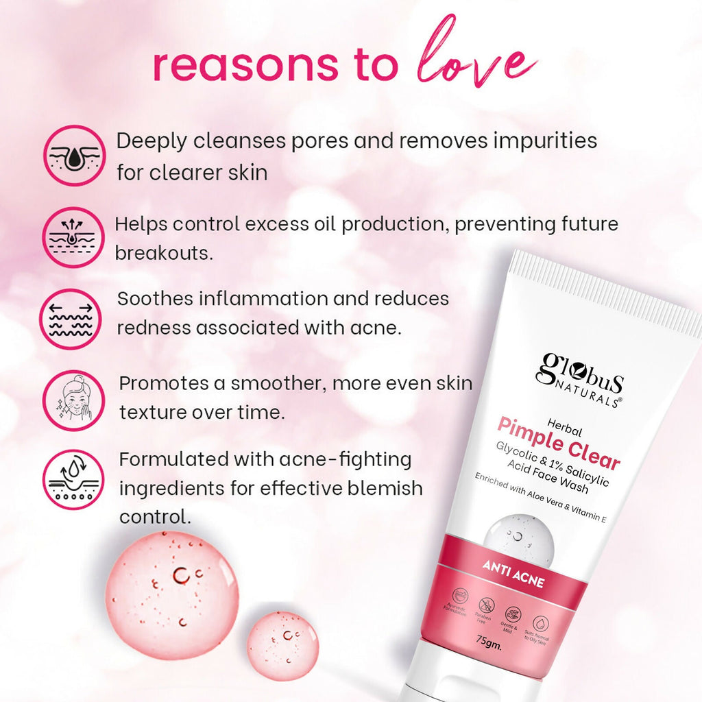 Globus Naturals Herbal Pimple Clear Glycolic & 1% Salicylic Acid Face Wash | Grocsy