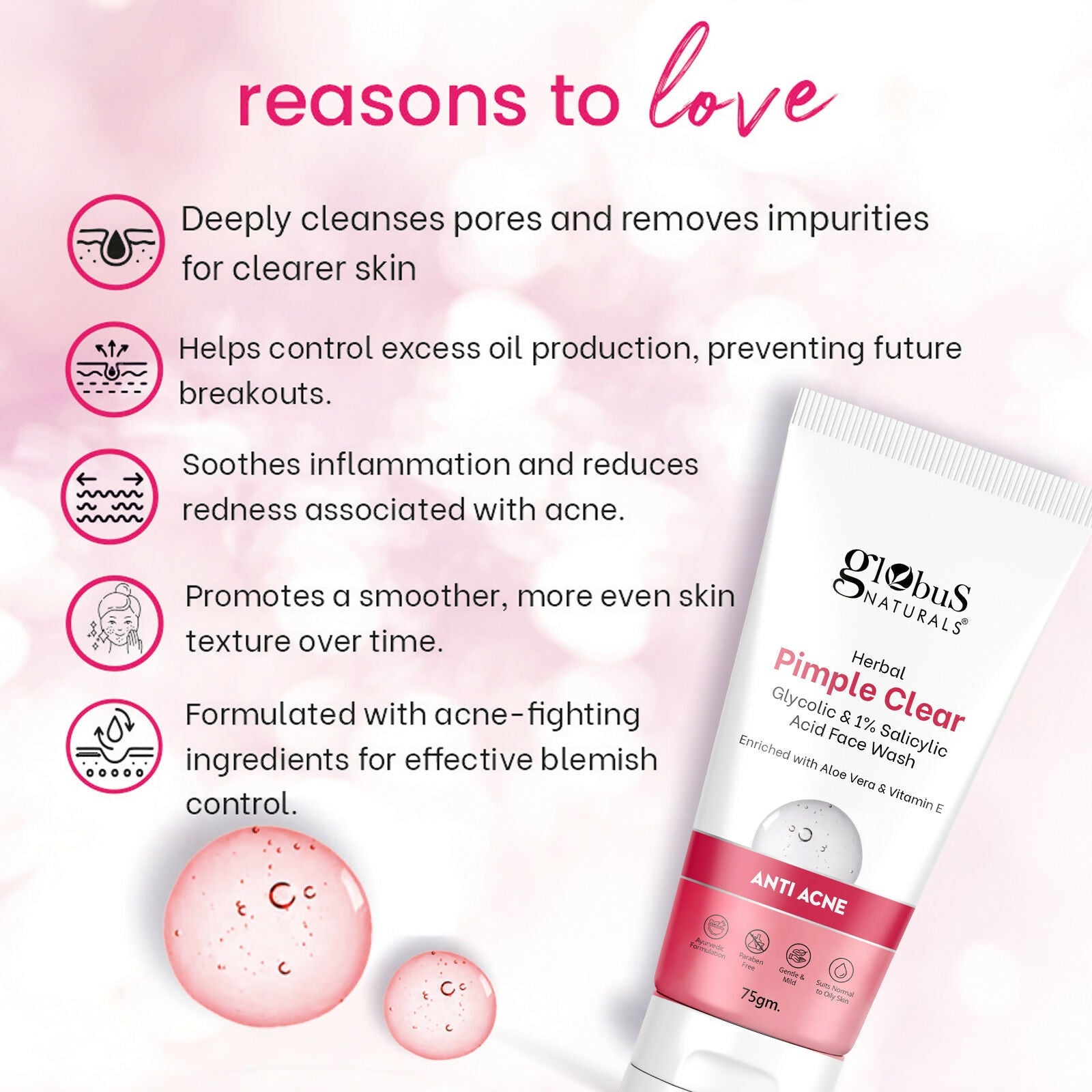 Globus Naturals Herbal Pimple Clear Glycolic & 1% Salicylic Acid Face Wash | Grocsy