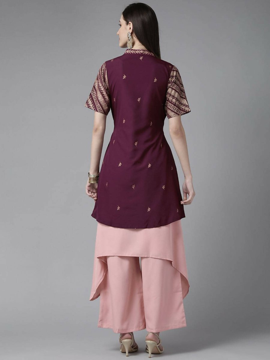 Ahalyaa Women Rose Pink Crepe Kurta Palazzos Set With Burgundy Jacket | Grocsy