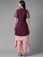 Ahalyaa Women Rose Pink Crepe Kurta Palazzos Set With Burgundy Jacket | Grocsy