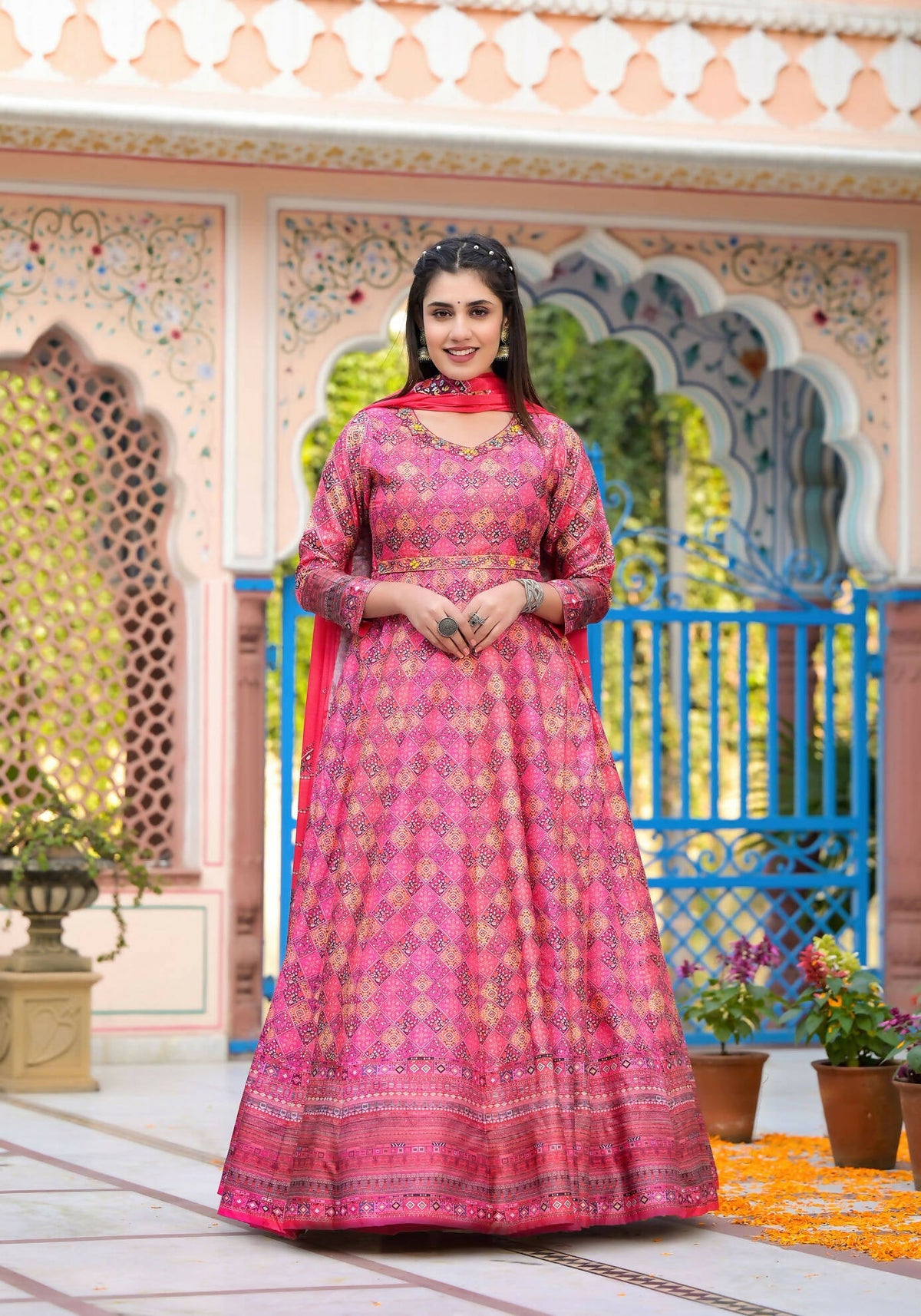 Functional Designer Dark Pink Dola Silk Anarkali suit with Dupatta - Ramya | Grocsy