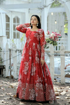 Jyoti Fashion Women's Red Sequence Zari Embroidered Faux Georgette Anarkali Dress | Grocsy