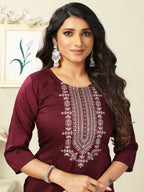 Vamika Chinon Embroidery Mahroon Party Wear/Casual Wear/Office Wear Kurta Set/Suit | Grocsy