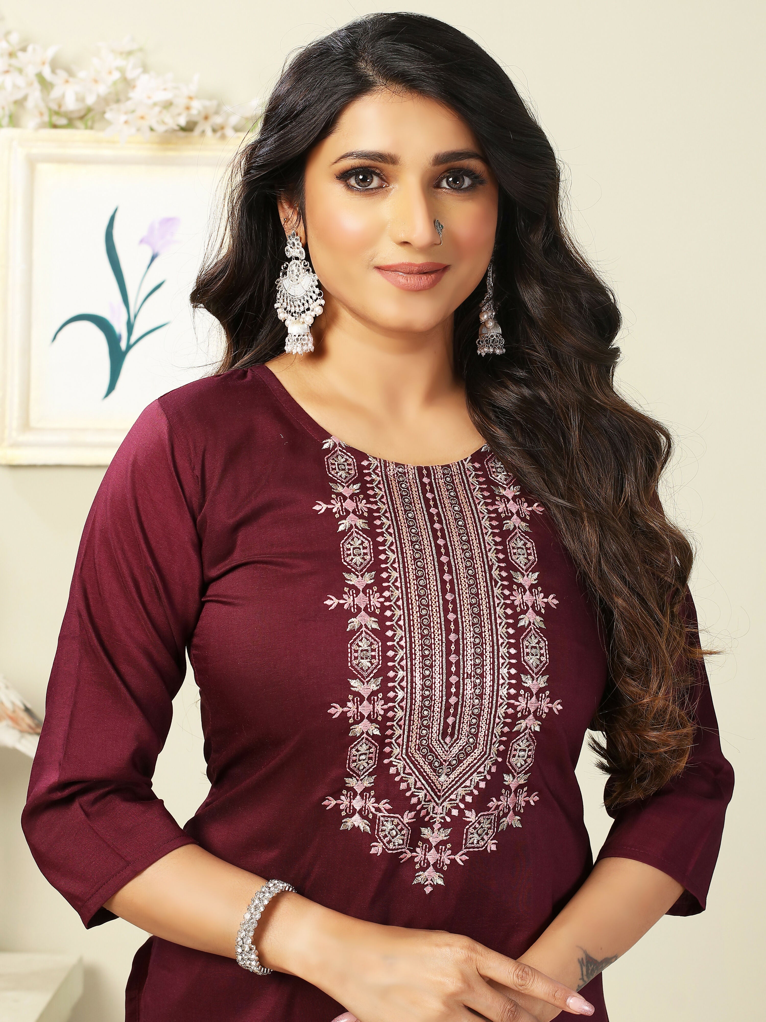 Vamika Chinon Embroidery Mahroon Party Wear/Casual Wear/Office Wear Kurta Set/Suit | Grocsy