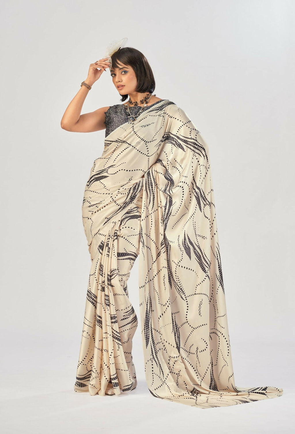 Vastranavya Off White Satin Silk Elegant Printed Saree with Unstitched Blouse | Grocsy