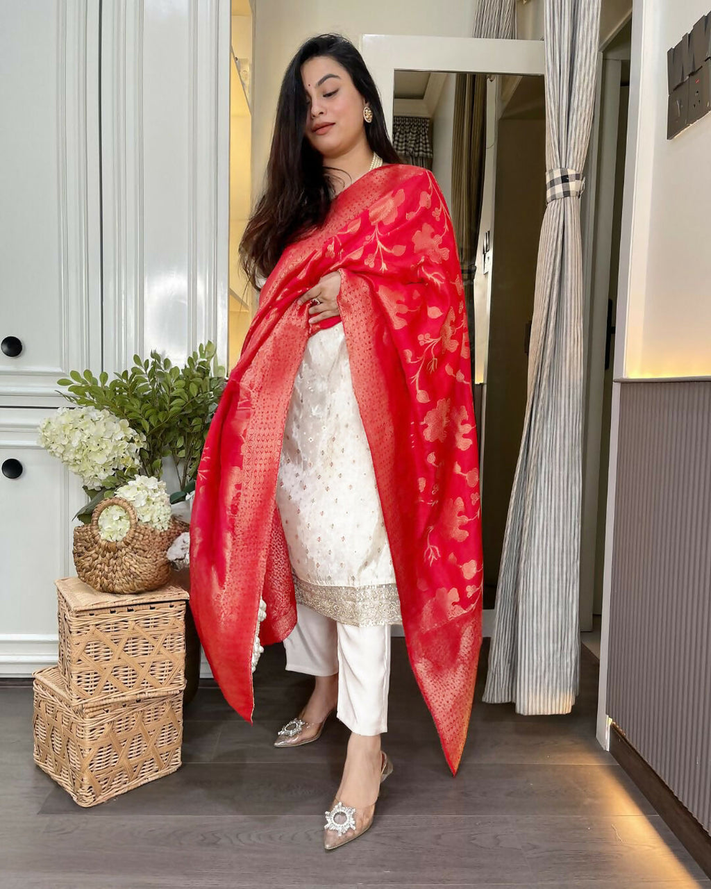The52 White Women's Beautiful Chanderi Jacquard Fabric Embroidered Work Straight Kurta Pant and Dupatta Set | Grocsy