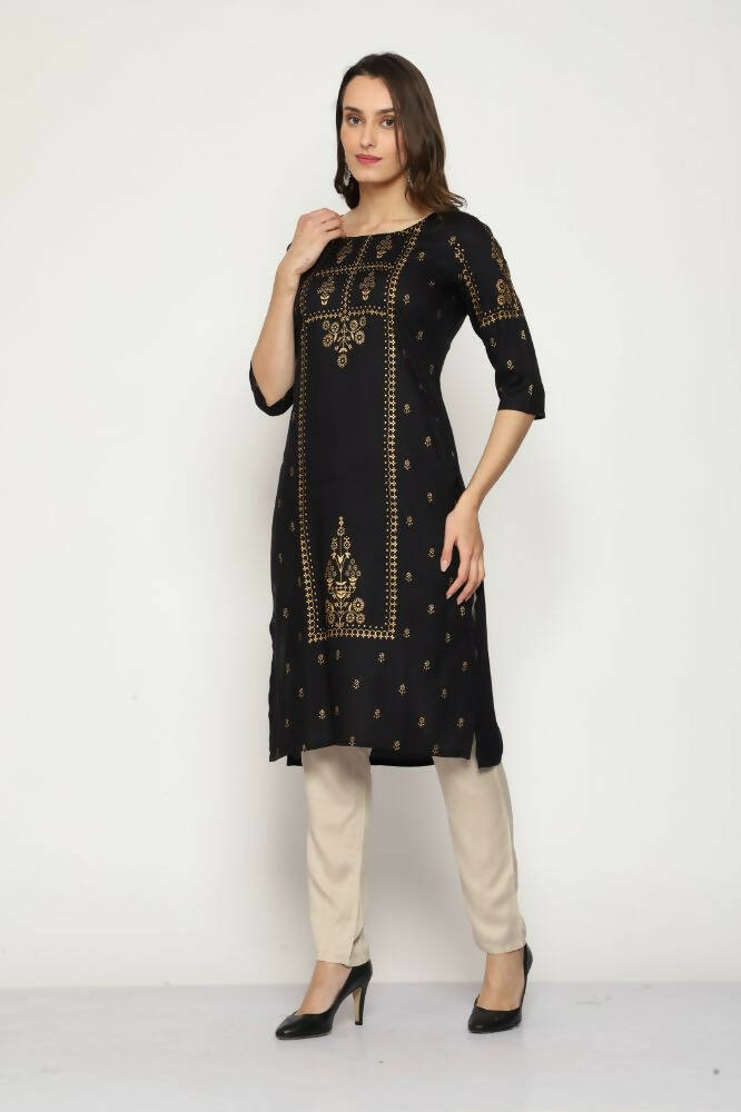 Maai Rayon Hand Printed Kurta Black | Grocsy