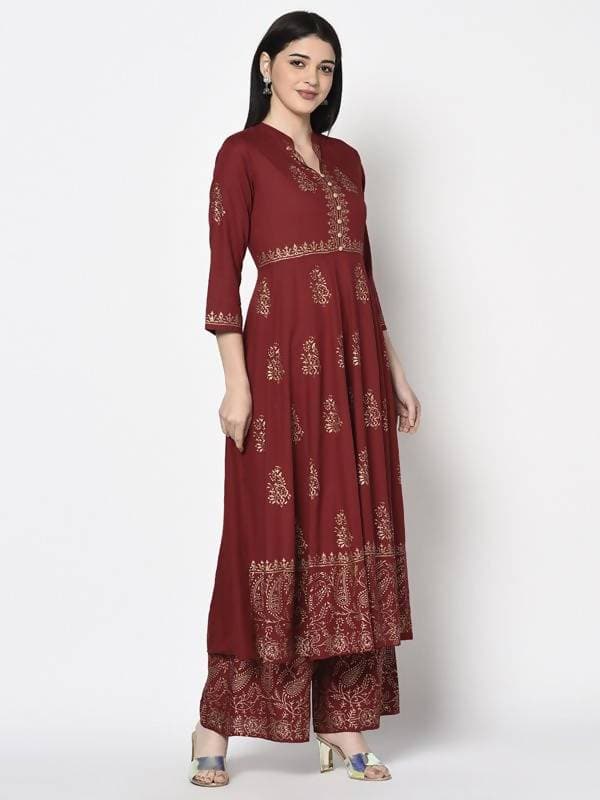 Aniyah Rayon Maroon Block Print Anarkali Palazzo Set (AN-212K) | Grocsy