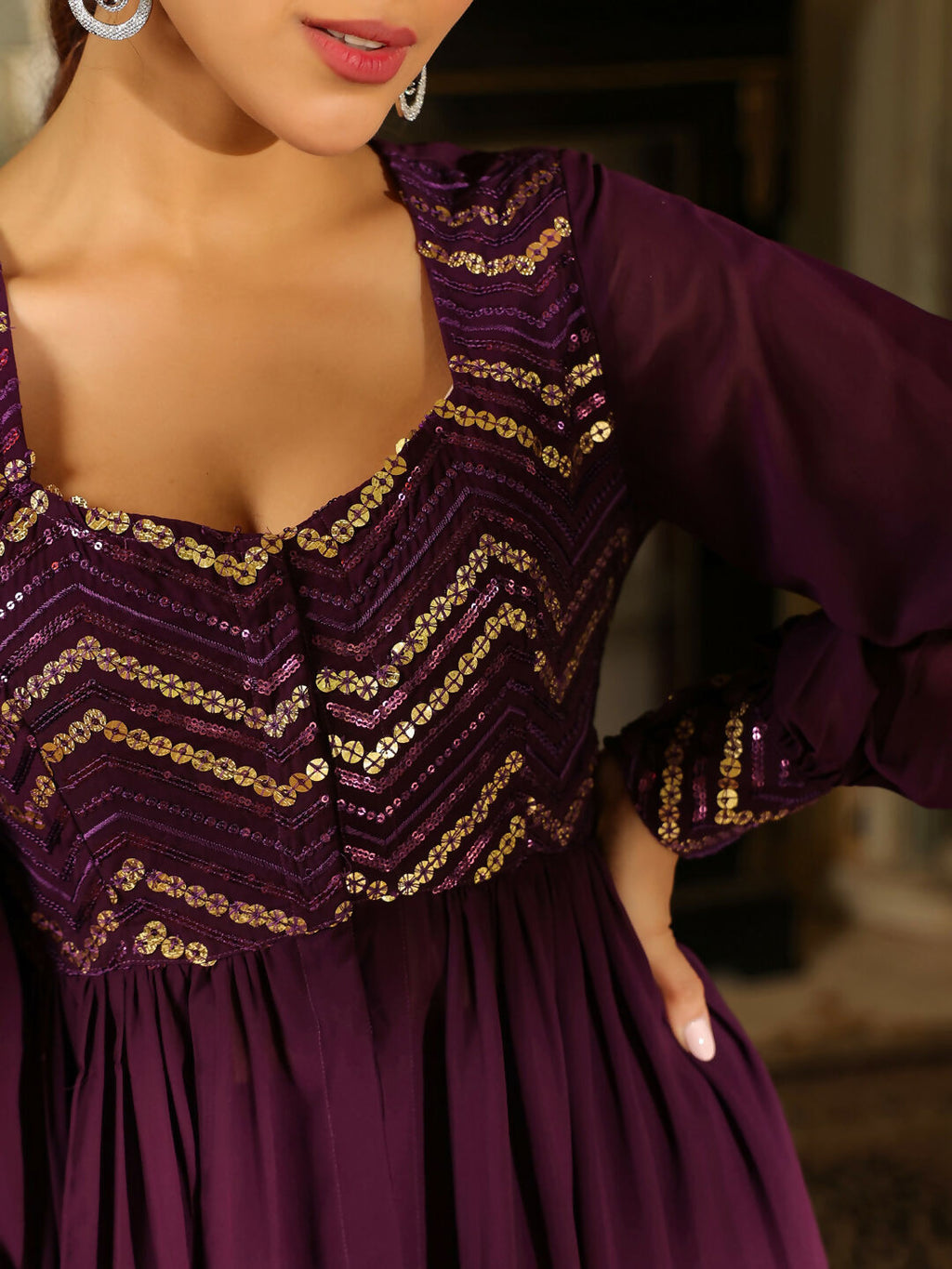 Janasya Purple Georgette Sequined Tunic & Bottom | Grocsy